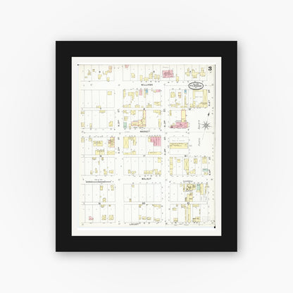 Old map wall art mockup — black gallery frame with white mat — Sanborn Fire Insurance Map from Fort Dodge, Webster County, Iowa (1892), Sheet #0003
