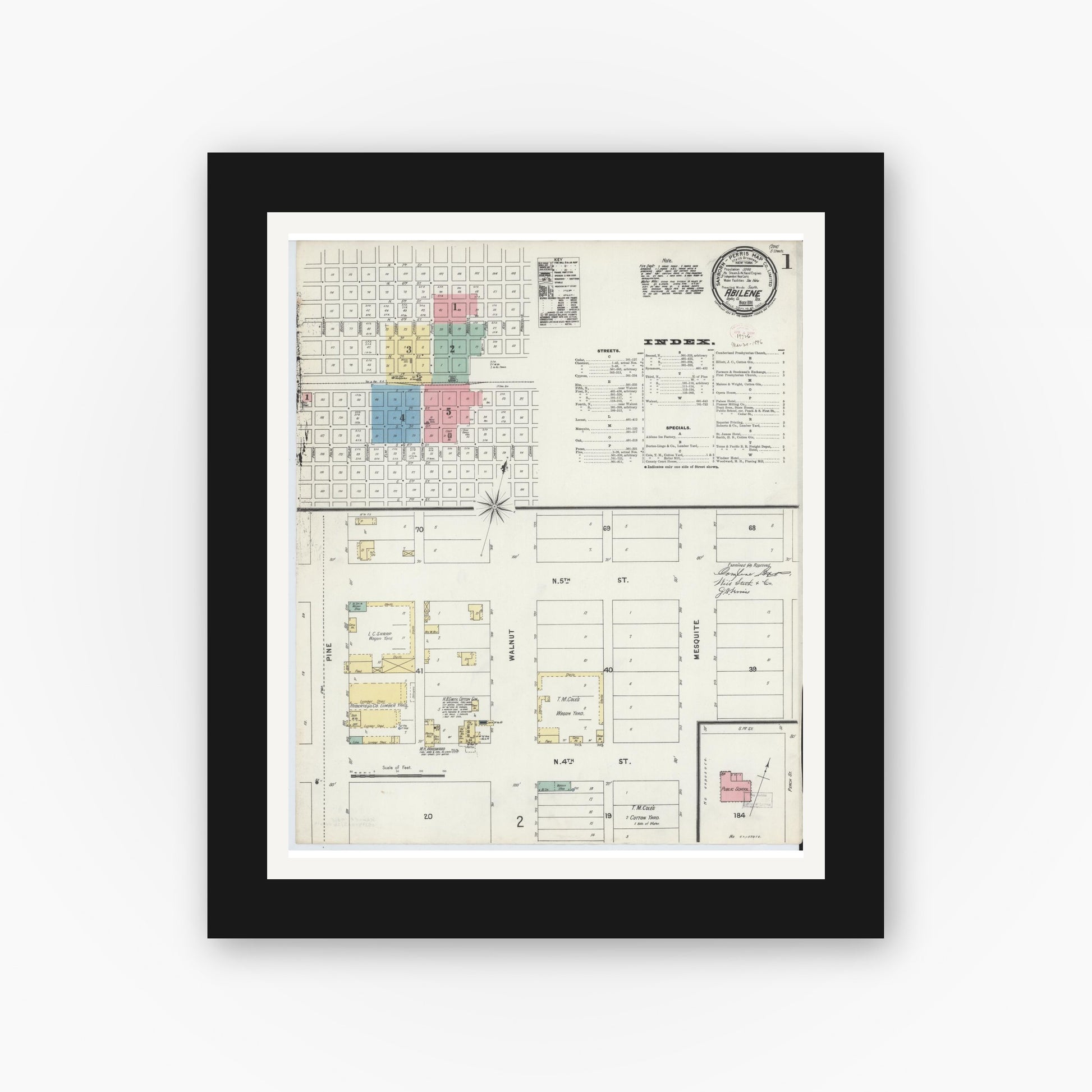 Old map wall art mockup — black gallery frame with white mat — Sanborn Fire Insurance Map from Abilene, Taylor County, Texas (1896), Sheet #0001