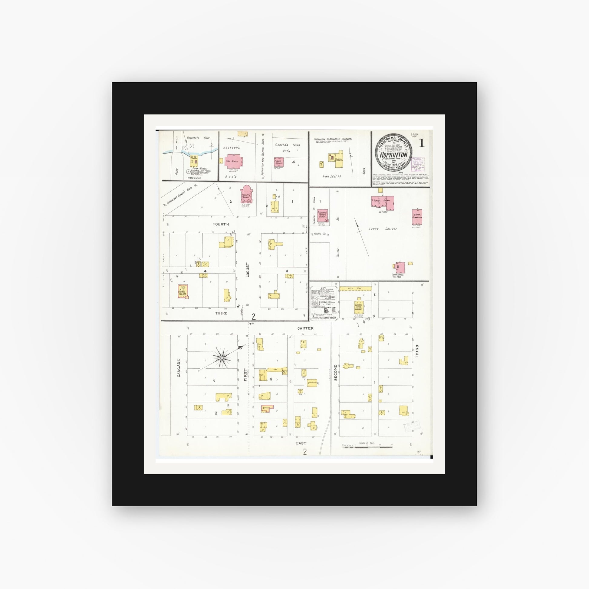 Old map wall art mockup — black gallery frame with white mat — Sanborn Fire Insurance Map from Hopkinton, Delaware County, Iowa (1905), Sheet #0001