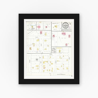 Old map wall art mockup — black gallery frame with white mat — Sanborn Fire Insurance Map from Hopkinton, Delaware County, Iowa (1905), Sheet #0001