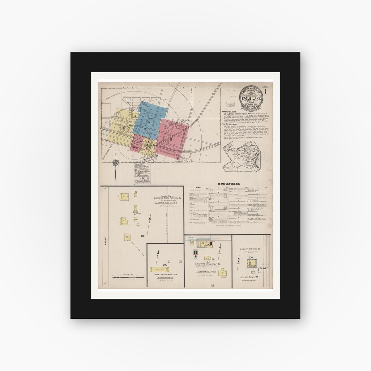 Old map wall art mockup — black gallery frame with white mat — Sanborn Fire Insurance Map from Eagle Lake, Colorado County, Texas (1922), Sheet #0001