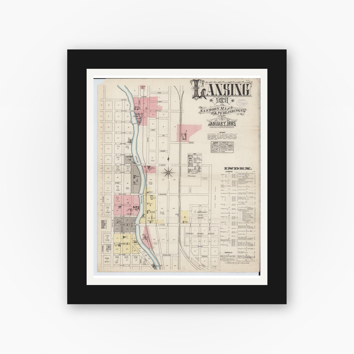 Old map wall art mockup — black gallery frame with white mat — Sanborn Fire Insurance Map from Lansing, Ingham County, Michigan (1885) - Complete Map Set