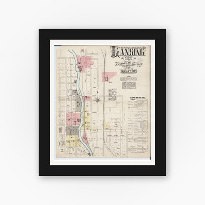 Old map wall art mockup — black gallery frame with white mat — Sanborn Fire Insurance Map from Lansing, Ingham County, Michigan (1885) - Complete Map Set