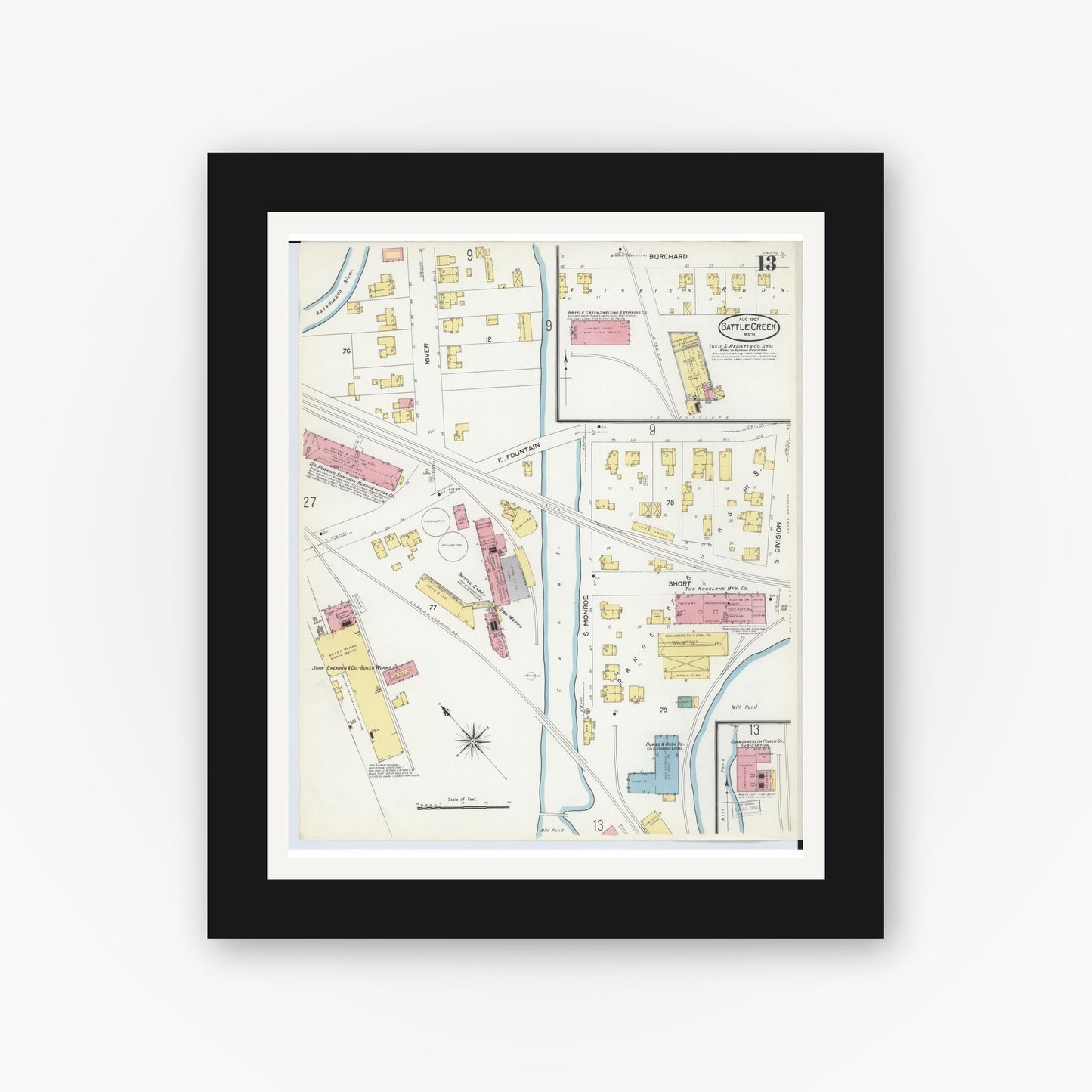 Old map wall art mockup — black gallery frame with white mat — Sanborn Fire Insurance Map from Battle Creek, Calhoun County, Michigan (1907), Sheet #0013