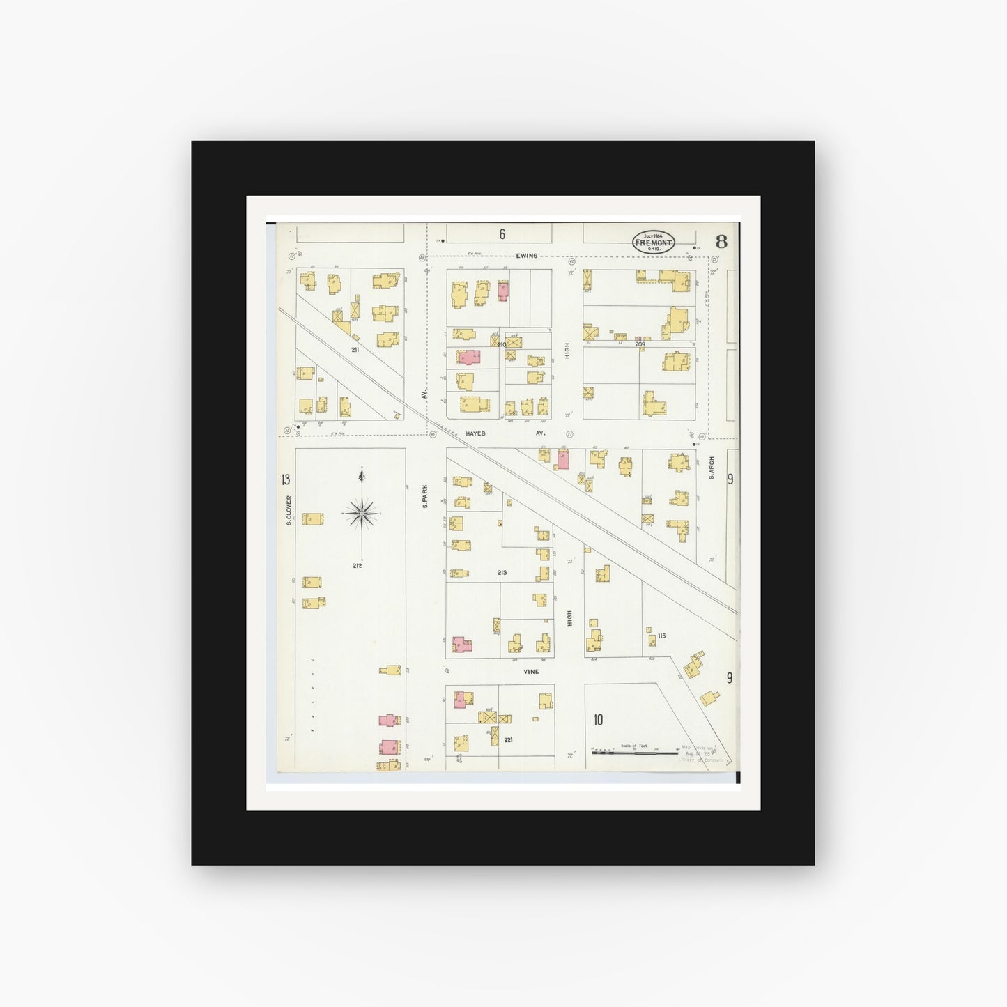 Old map wall art mockup — black gallery frame with white mat — Sanborn Fire Insurance Map from Fremont, Sandusky County, Ohio (1904), Sheet #0008