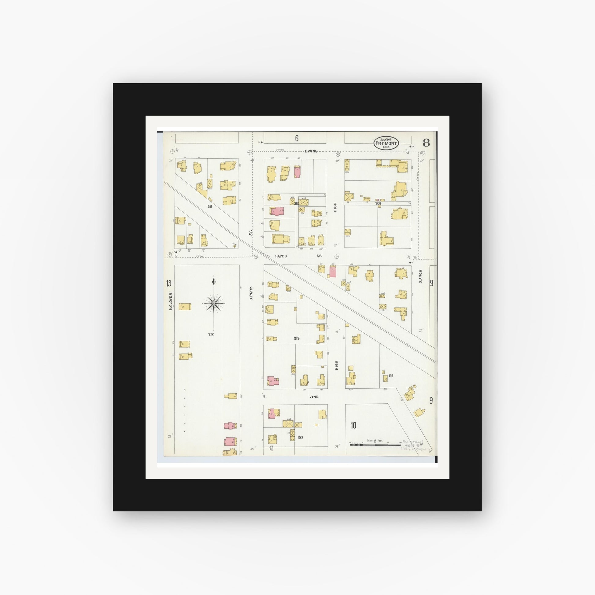 Old map wall art mockup — black gallery frame with white mat — Sanborn Fire Insurance Map from Fremont, Sandusky County, Ohio (1904), Sheet #0008