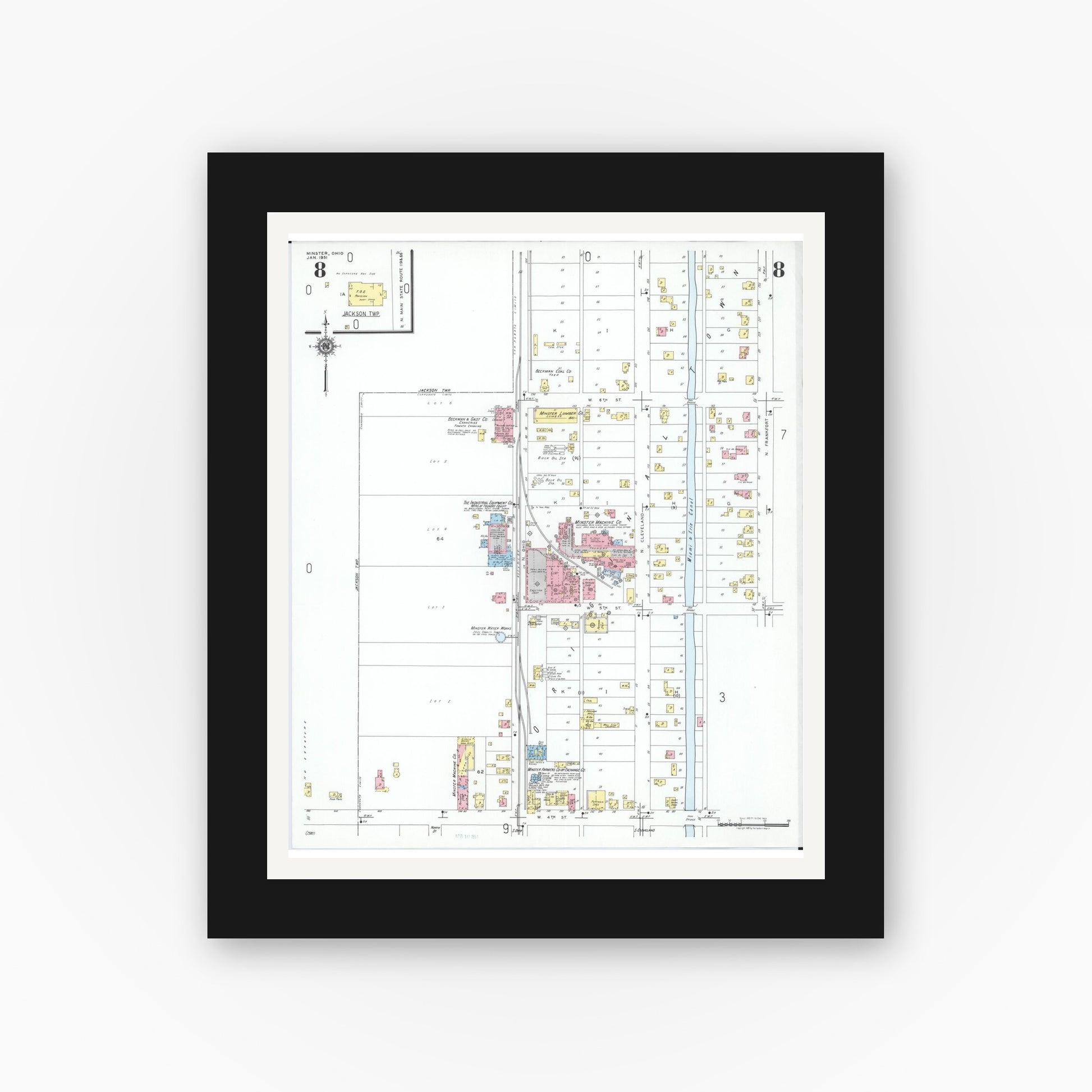 Old map wall art mockup — black gallery frame with white mat — Sanborn Fire Insurance Map from Minster, Auglaize County, Ohio (1951), Sheet #0008