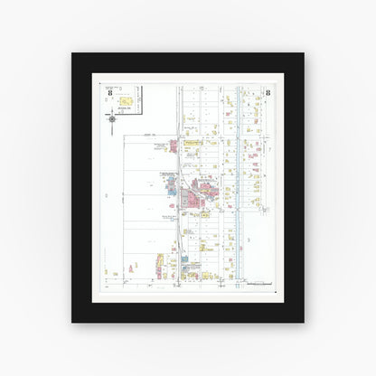 Old map wall art mockup — black gallery frame with white mat — Sanborn Fire Insurance Map from Minster, Auglaize County, Ohio (1951), Sheet #0008