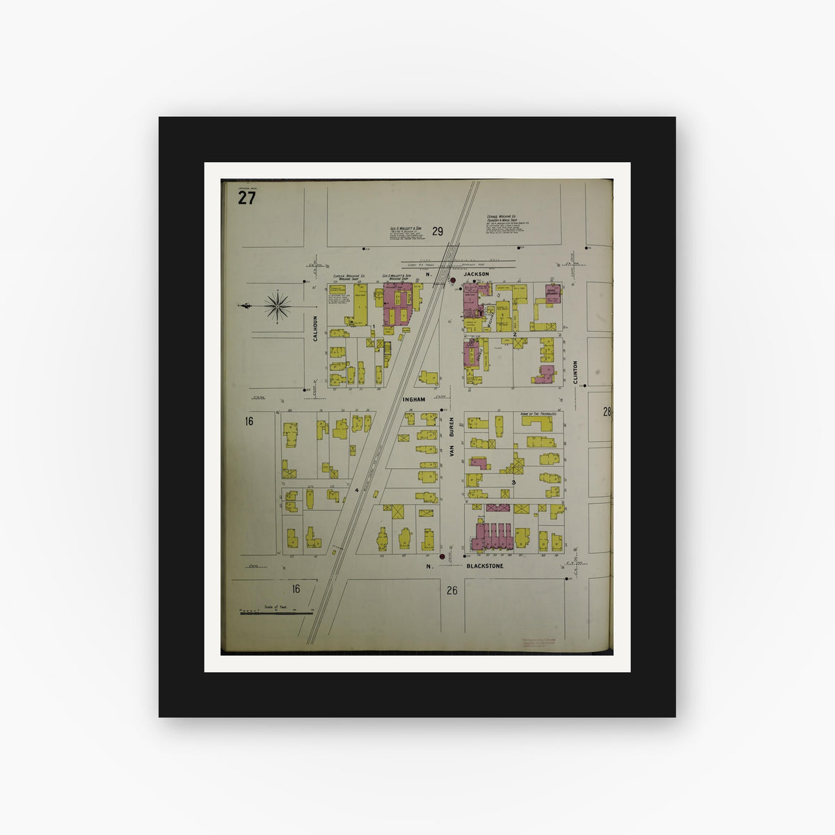Old map wall art mockup — black gallery frame with white mat — Sanborn Fire Insurance Map from Jackson, Jackson County, Michigan (1907), Sheet #0027