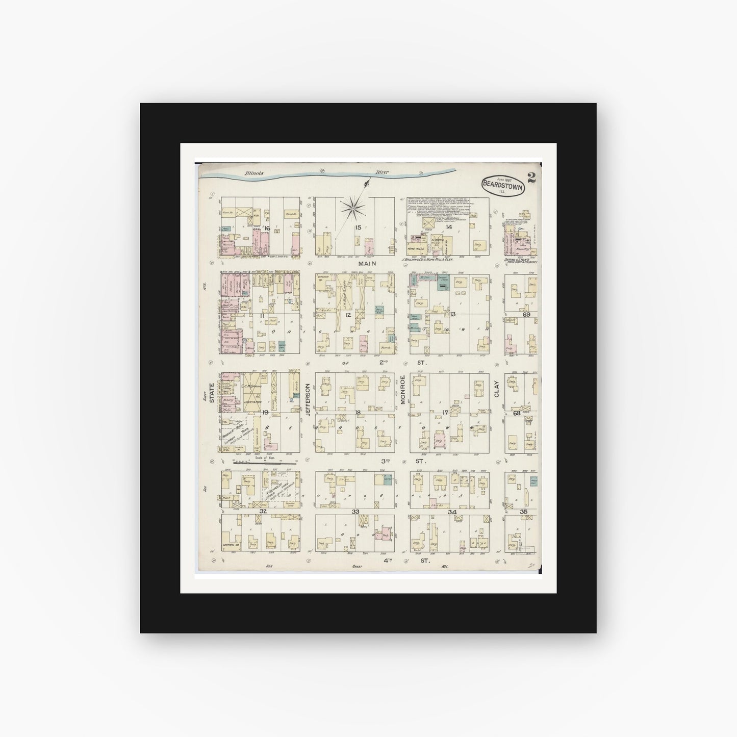 Old map wall art mockup — black gallery frame with white mat — Sanborn Fire Insurance Map from Beardstown, Cass County, Illinois (1887), Sheet #0002