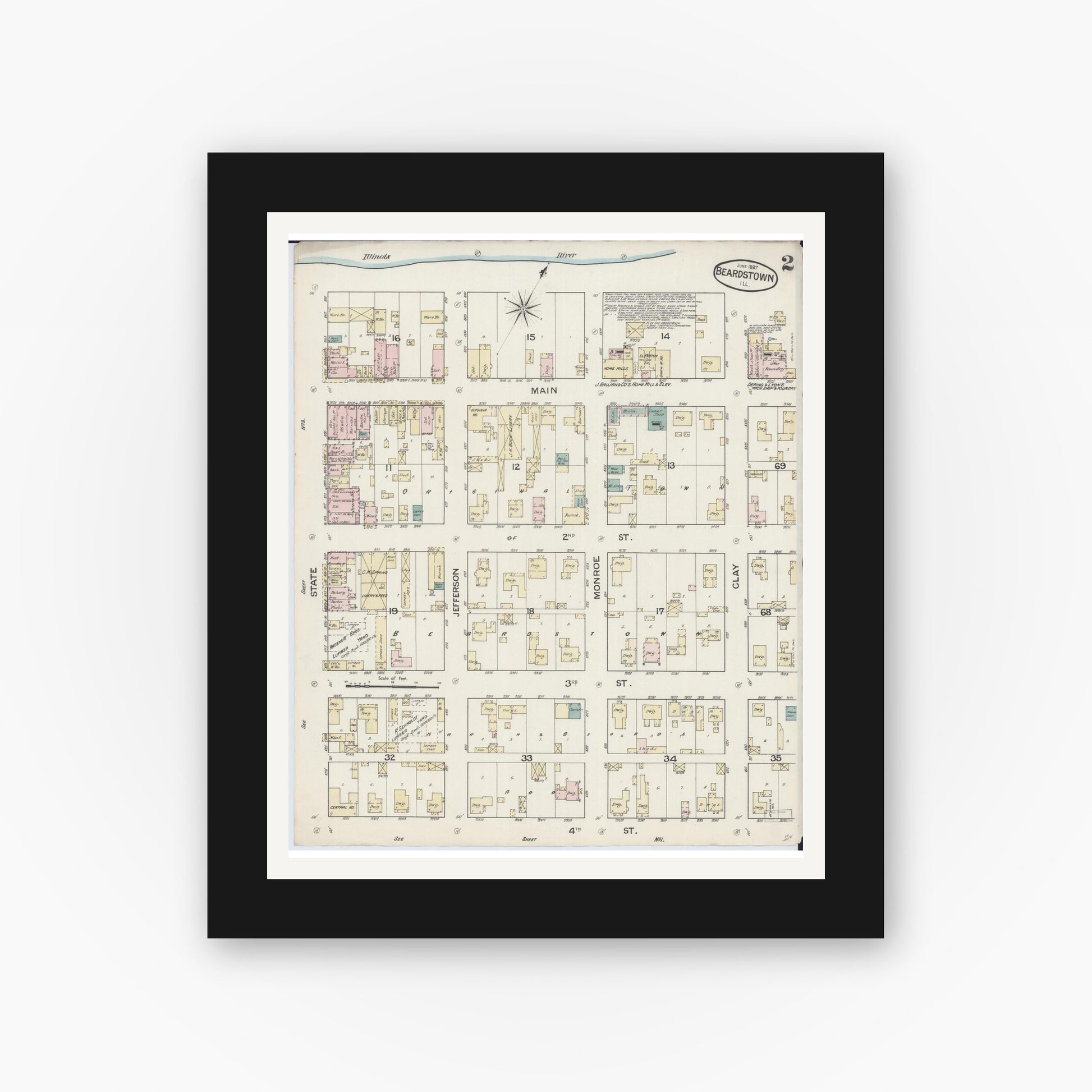 Old map wall art mockup — black gallery frame with white mat — Sanborn Fire Insurance Map from Beardstown, Cass County, Illinois (1887), Sheet #0002