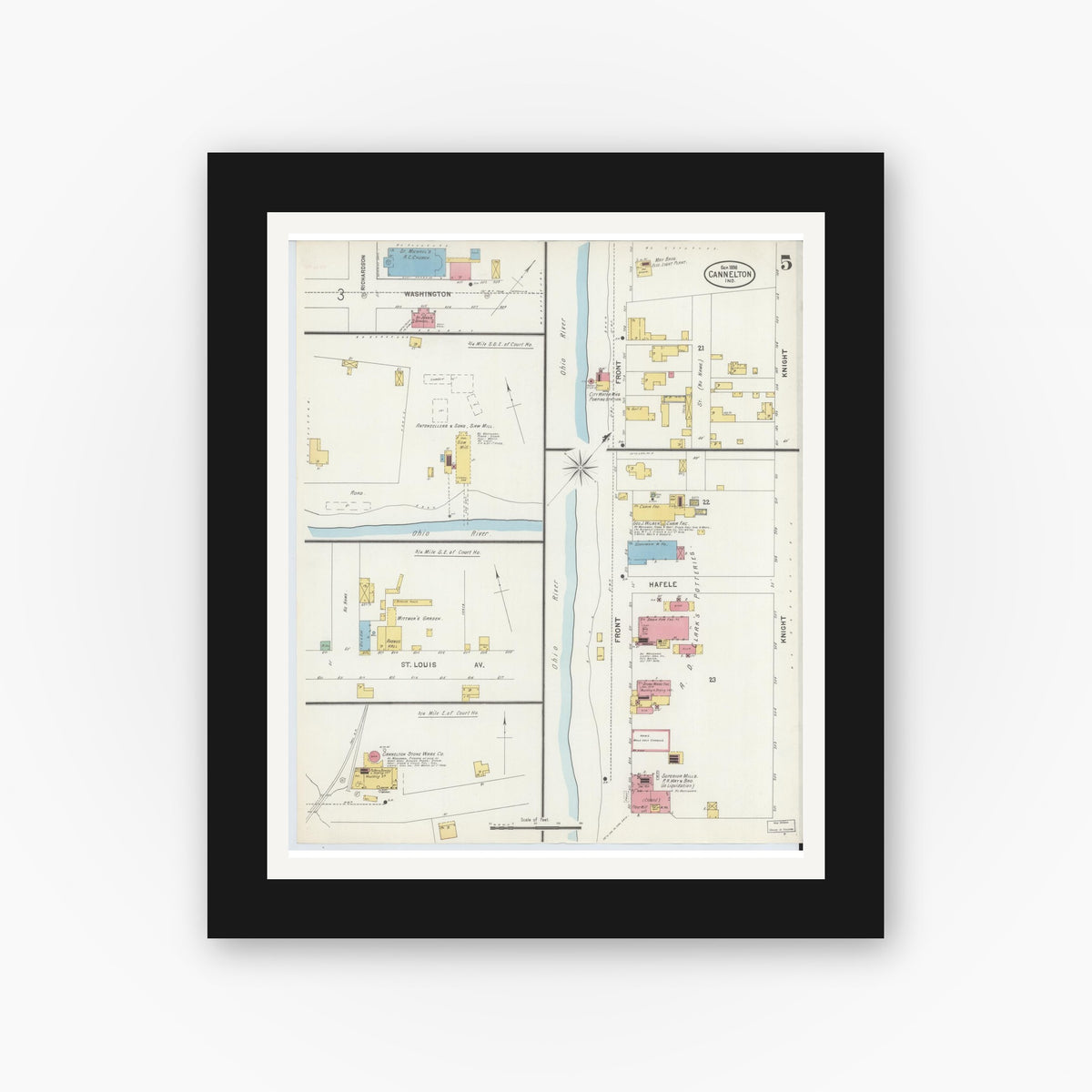 Old map wall art mockup — black gallery frame with white mat — Sanborn Fire Insurance Map from Cannelton, Perry County, Indiana (1898), Sheet #0005