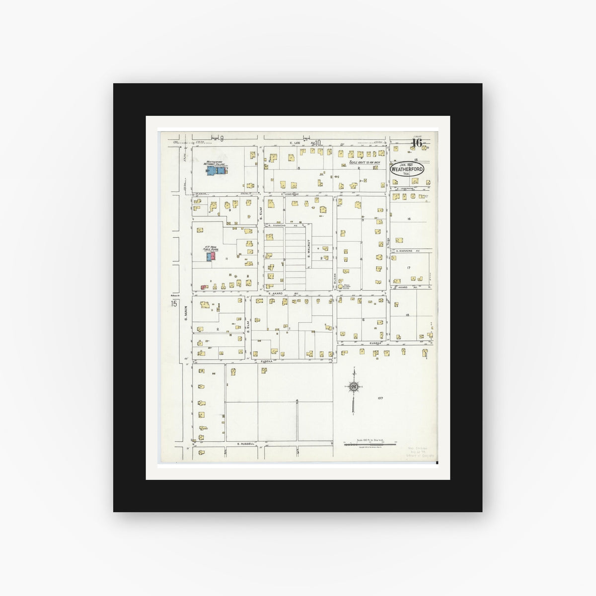 Old map wall art mockup — black gallery frame with white mat — Sanborn Fire Insurance Map from Weatherford, Parker County, Texas (1921), Sheet #0016