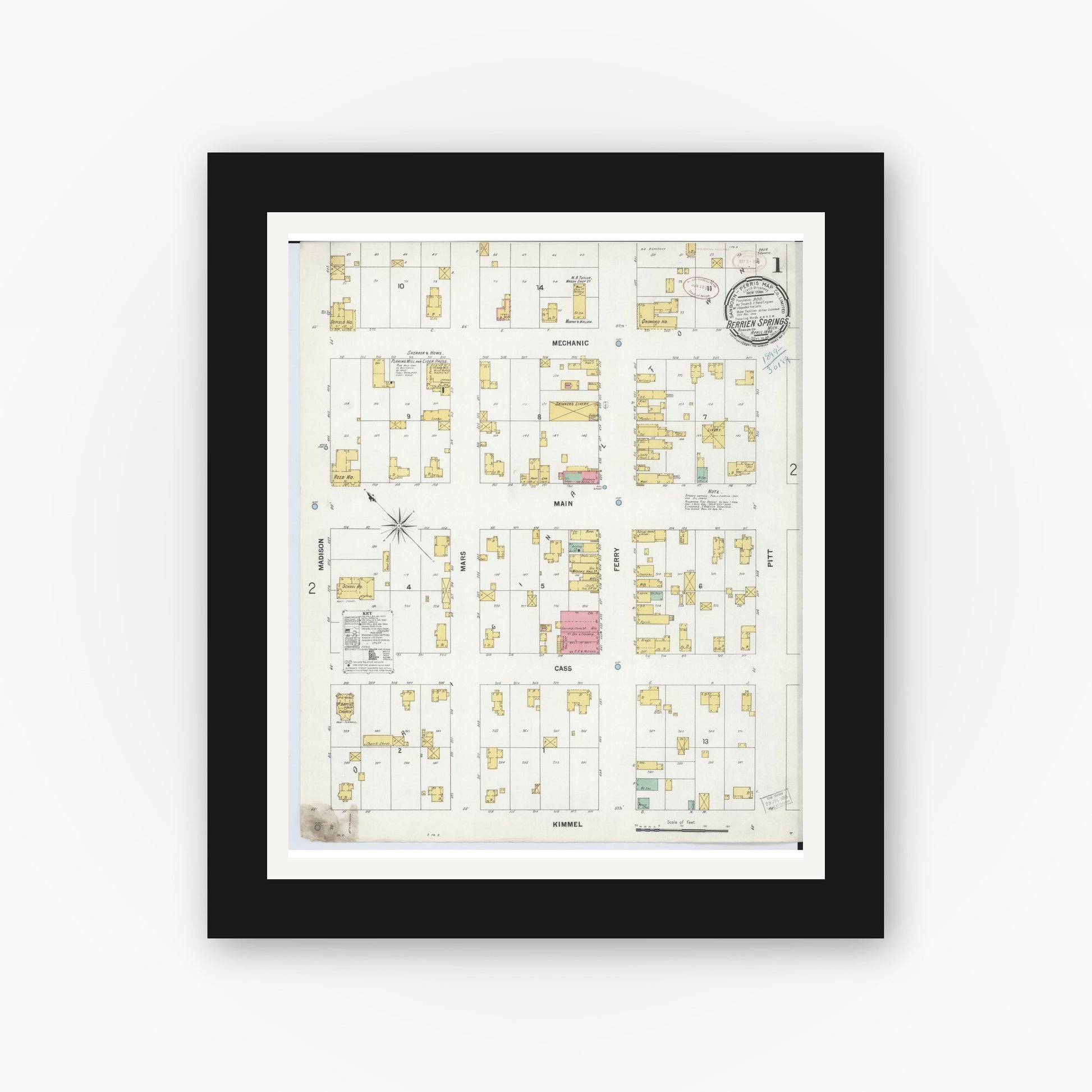 Old map wall art mockup — black gallery frame with white mat — Sanborn Fire Insurance Map from Berrien Springs, Berrien, Michigan (1899), Sheet #0001