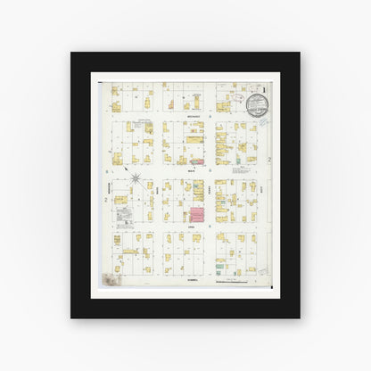 Old map wall art mockup — black gallery frame with white mat — Sanborn Fire Insurance Map from Berrien Springs, Berrien, Michigan (1899), Sheet #0001