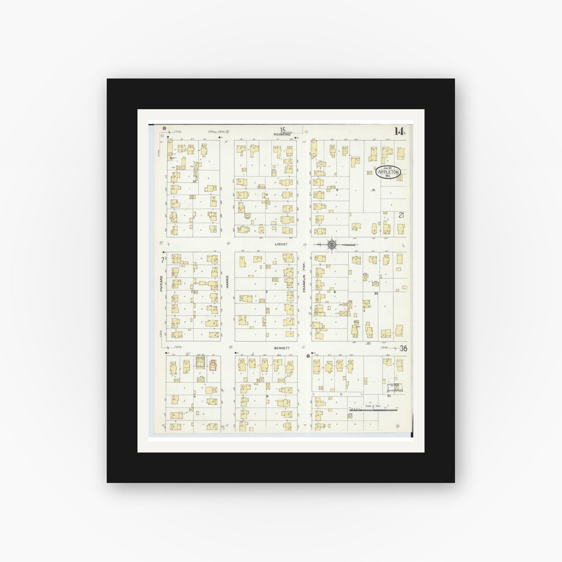 Old map wall art mockup — black gallery frame with white mat — Sanborn Fire Insurance Map from Appleton, Outagamie County, Wisconsin (1911), Sheet #0014