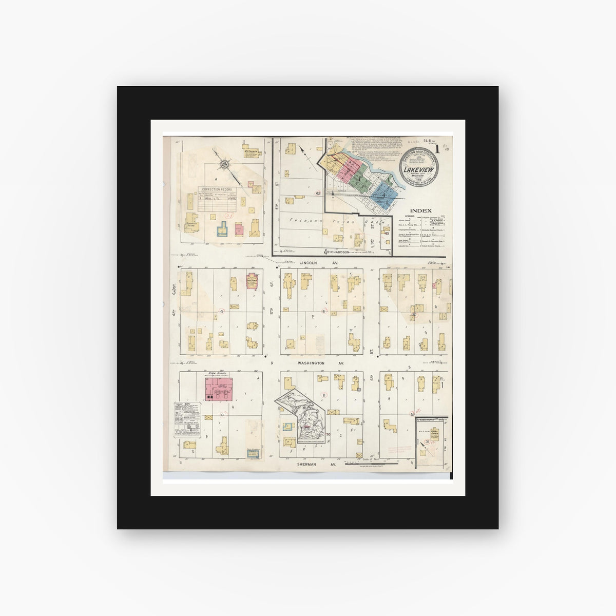 Old map wall art mockup — black gallery frame with white mat — Sanborn Fire Insurance Map from Lakeview, Montcalm County, Michigan (1932), Sheet #0001