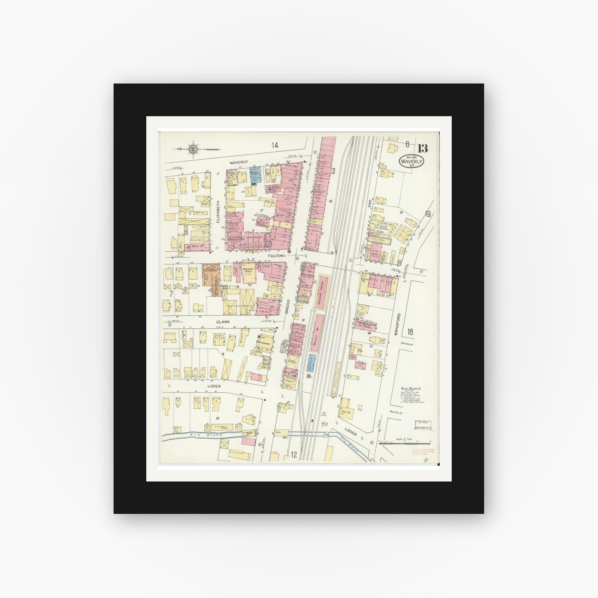 Old map wall art mockup — black gallery frame with white mat — Sanborn Fire Insurance Map from Waverly, Tioga County, New York (1914), Sheet #0013