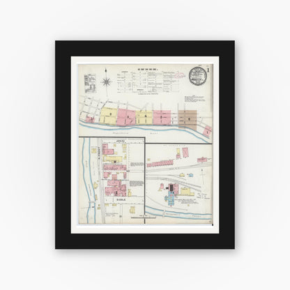 Old map wall art mockup — black gallery frame with white mat — Sanborn Fire Insurance Map from Marietta, Lancaster County, Pennsylvania (1891), Sheet #0001