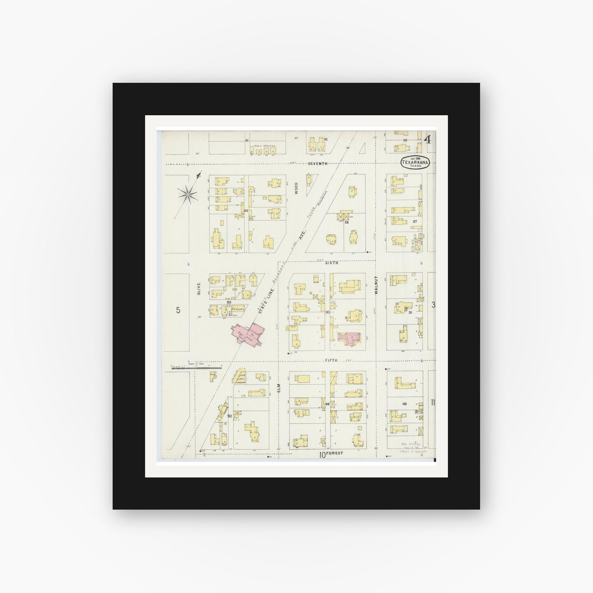 Old map wall art mockup — black gallery frame with white mat — Sanborn Fire Insurance Map from Texarkana, Bowie County, Texas (1896), Sheet #0004