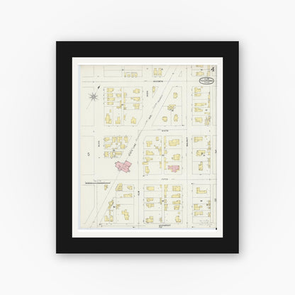 Old map wall art mockup — black gallery frame with white mat — Sanborn Fire Insurance Map from Texarkana, Bowie County, Texas (1896), Sheet #0004