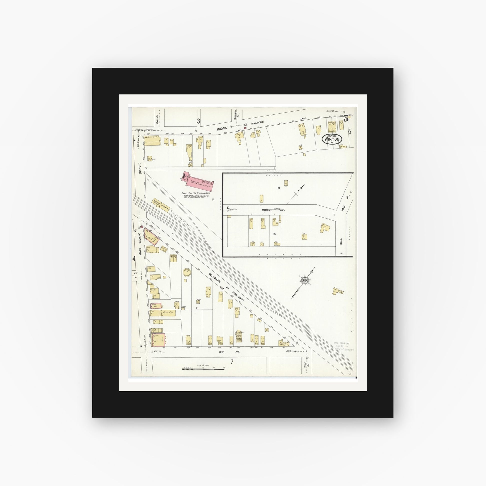 Old map wall art mockup — black gallery frame with white mat — Sanborn Fire Insurance Map from Winton, Lackawanna County, Pennsylvania (1912), Sheet #0005