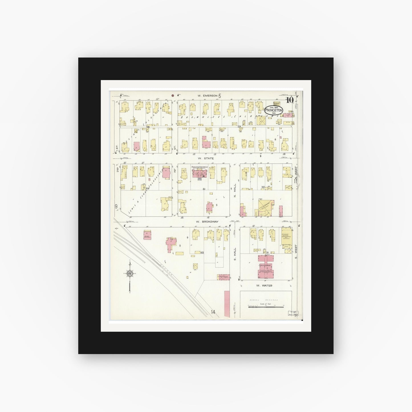 Old map wall art mockup — black gallery frame with white mat — Sanborn Fire Insurance Map from Princeton, Gibson County, Indiana (1914), Sheet #0010