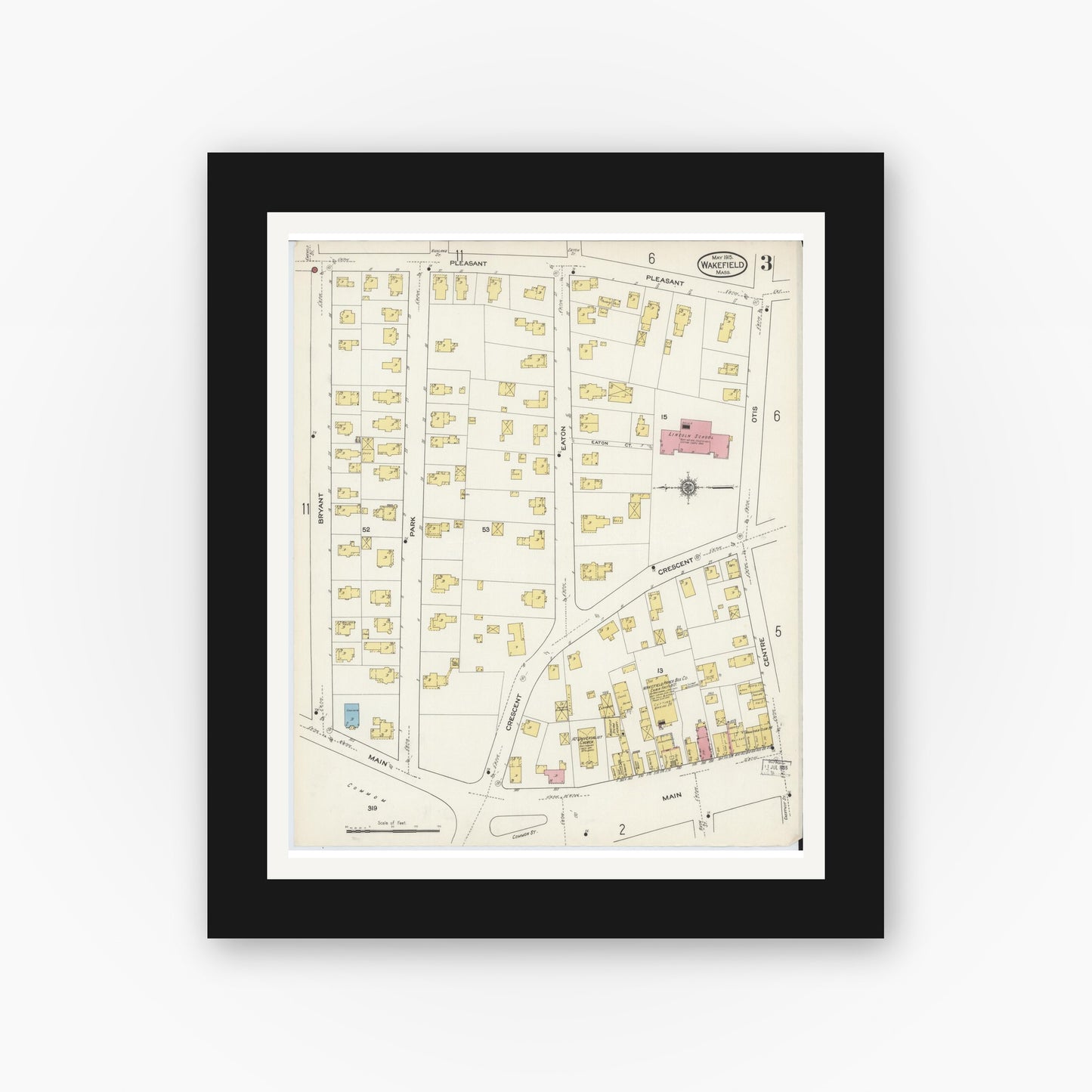 Old map wall art mockup — black gallery frame with white mat — Sanborn Fire Insurance Map from Wakefield, Middlesex County, Massachusetts (1915), Sheet #0003