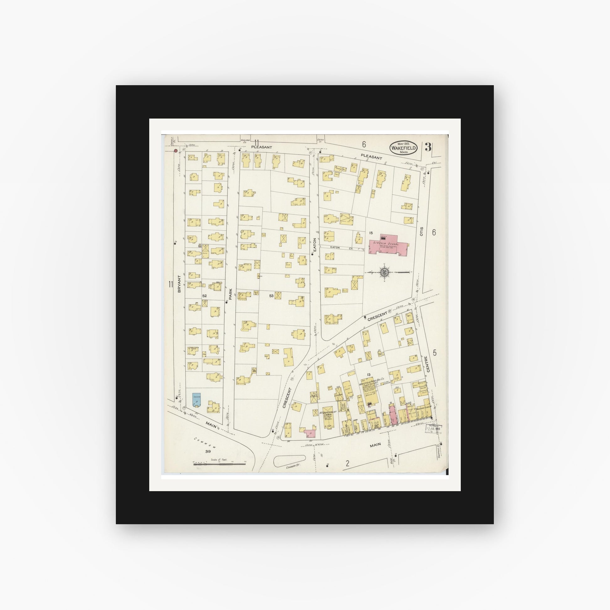Old map wall art mockup — black gallery frame with white mat — Sanborn Fire Insurance Map from Wakefield, Middlesex County, Massachusetts (1915), Sheet #0003