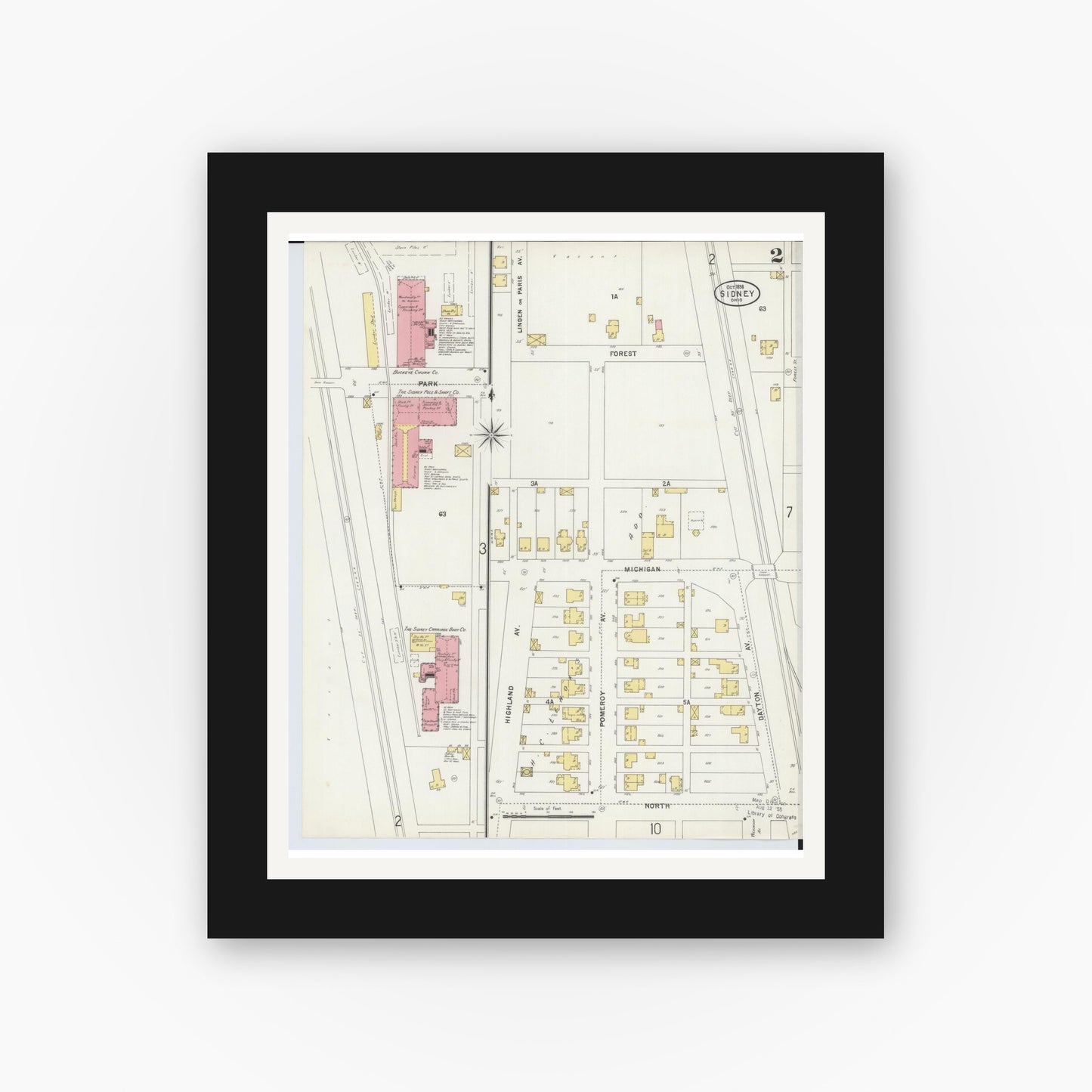 Old map wall art mockup — black gallery frame with white mat — Sanborn Fire Insurance Map from Sidney, Shelby County, Ohio (1898), Sheet #0002