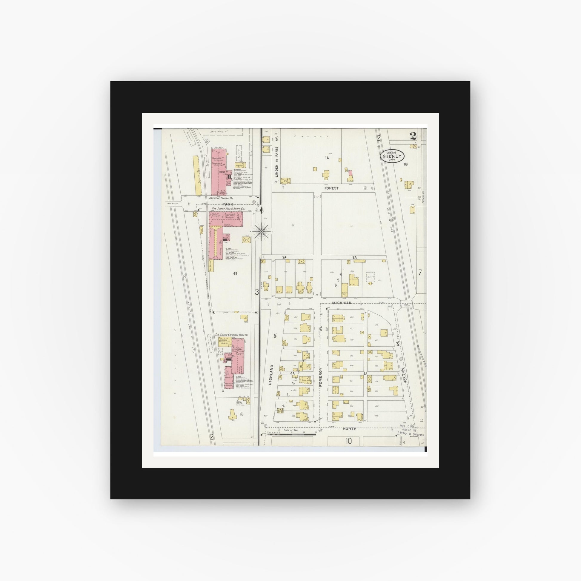 Old map wall art mockup — black gallery frame with white mat — Sanborn Fire Insurance Map from Sidney, Shelby County, Ohio (1898), Sheet #0002