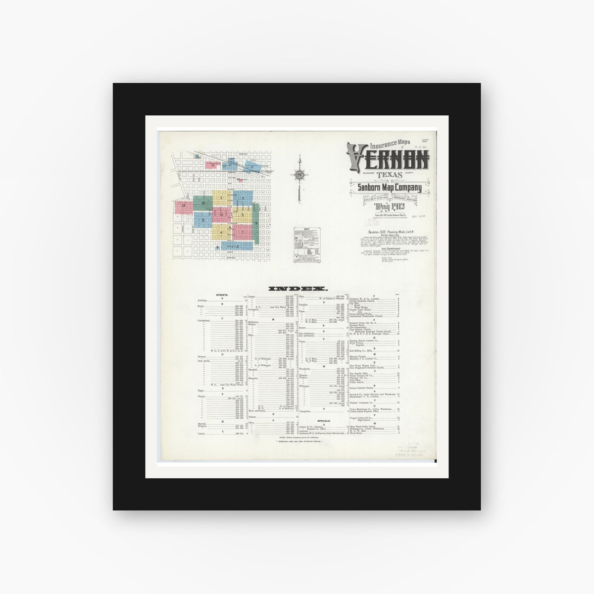 Old map wall art mockup — black gallery frame with white mat — Sanborn Fire Insurance Map from Vernon, Wilbarger County, Texas (1912) - Complete Map Set