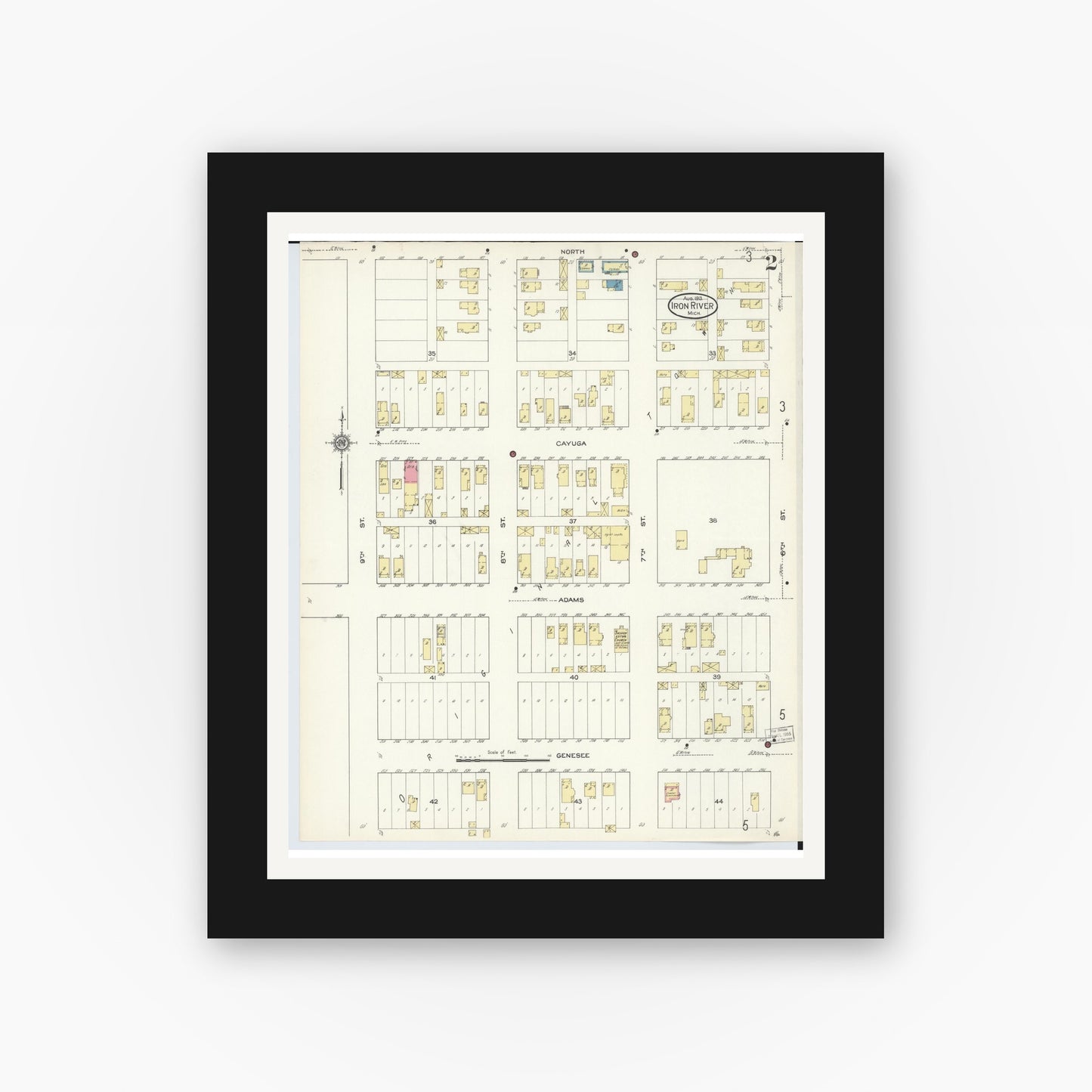 Old map wall art mockup — black gallery frame with white mat — Sanborn Fire Insurance Map from Iron River, Iron County, Michigan (1913), Sheet #0002