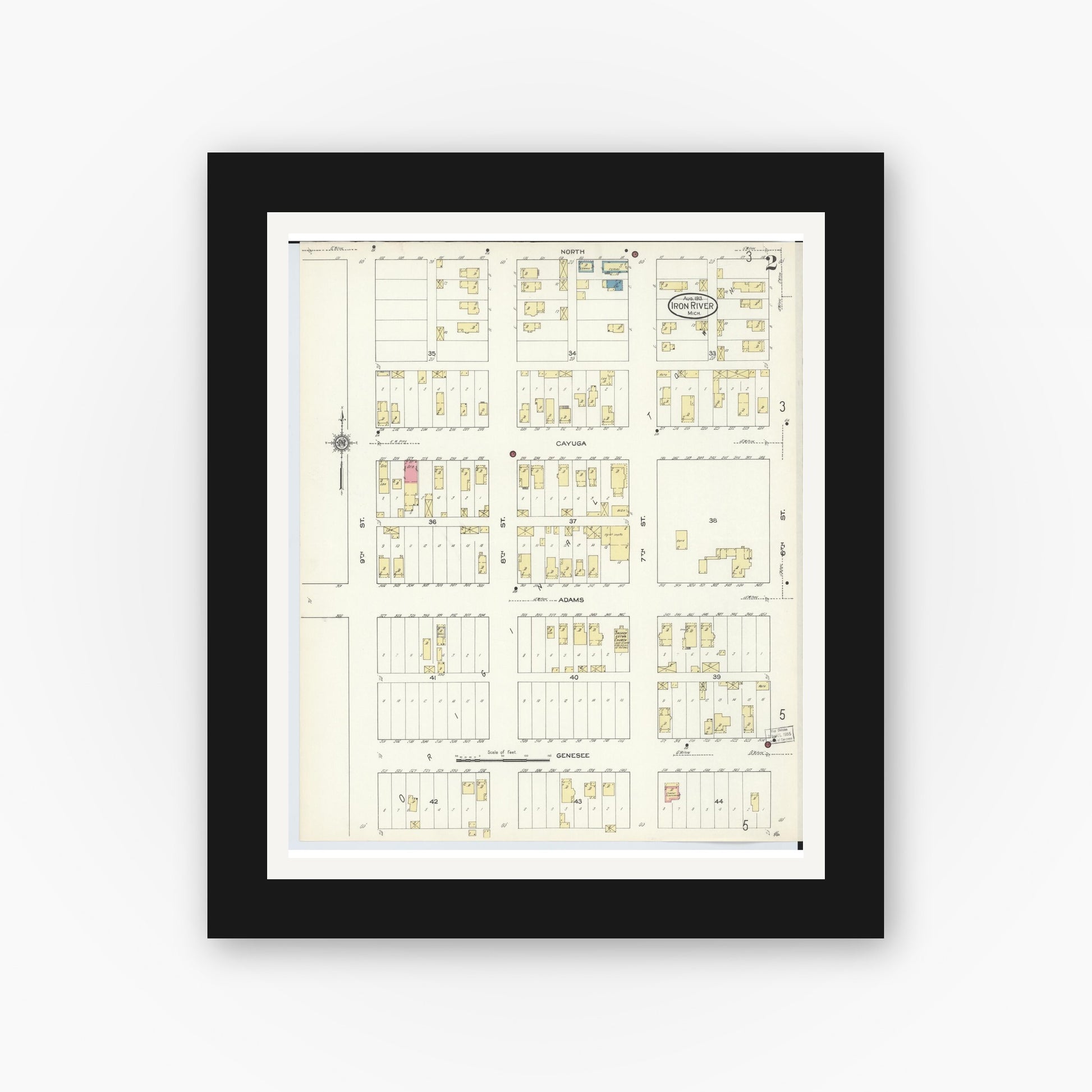 Old map wall art mockup — black gallery frame with white mat — Sanborn Fire Insurance Map from Iron River, Iron County, Michigan (1913), Sheet #0002