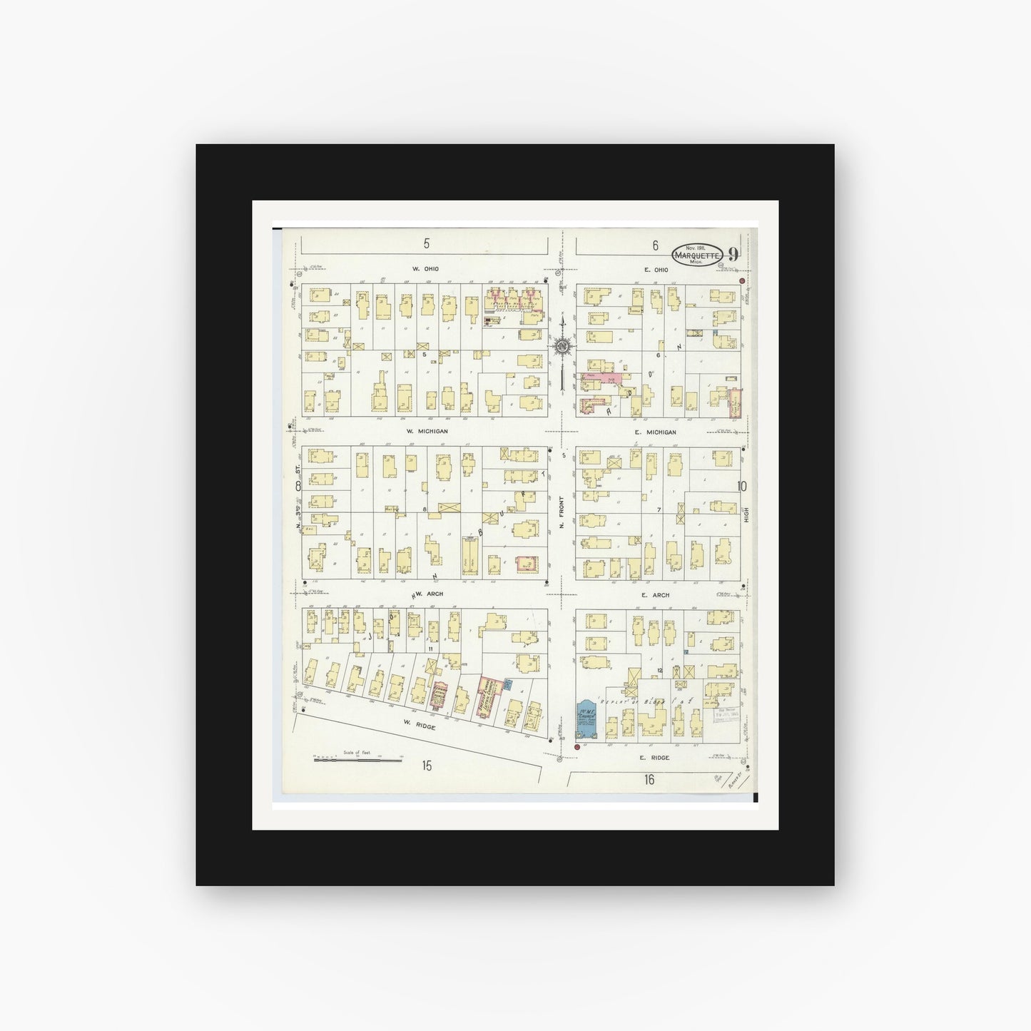 Old map wall art mockup — black gallery frame with white mat — Sanborn Fire Insurance Map from Marquette, Marquette County, Michigan (1911), Sheet #0009