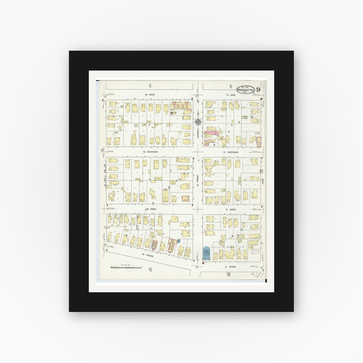 Old map wall art mockup — black gallery frame with white mat — Sanborn Fire Insurance Map from Marquette, Marquette County, Michigan (1911), Sheet #0009