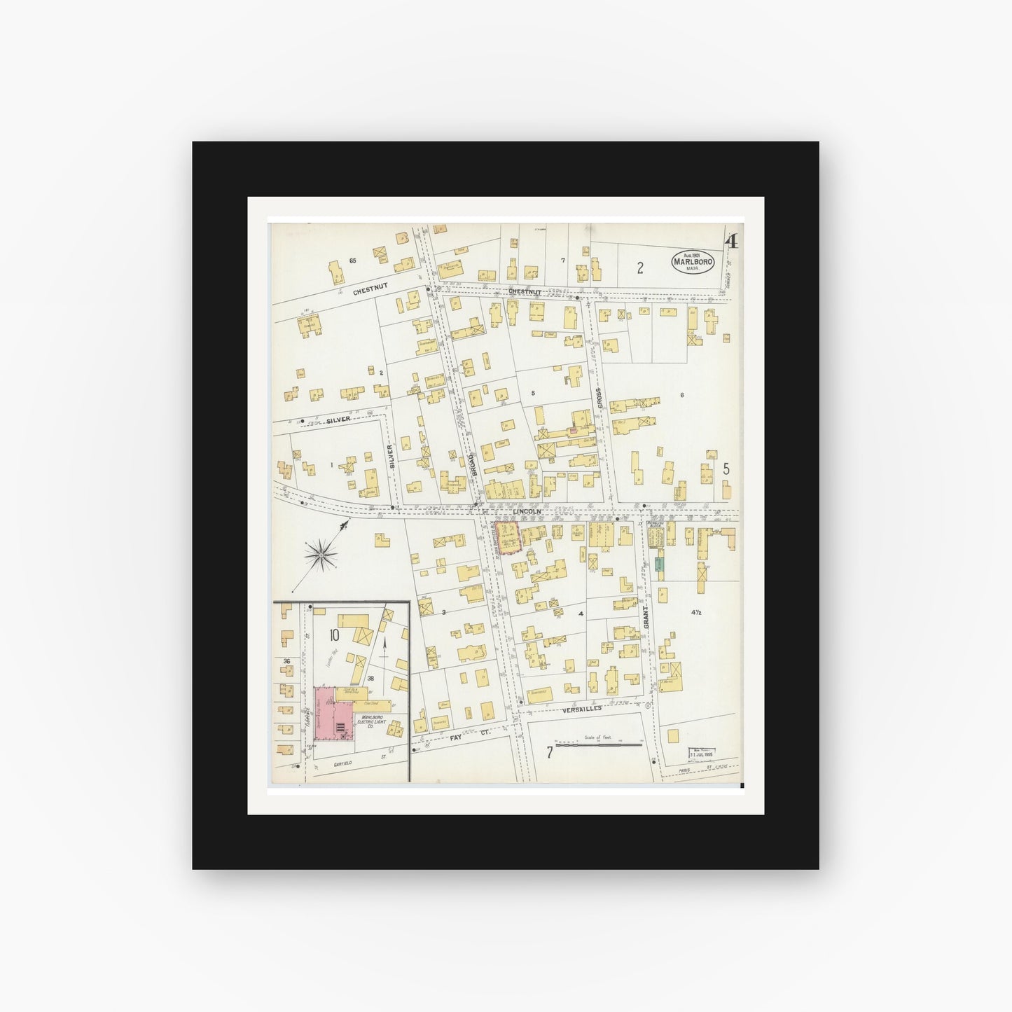 Old map wall art mockup — black gallery frame with white mat — Sanborn Fire Insurance Map from Marlborough, Middlesex County, Massachusetts (1901), Sheet #0004