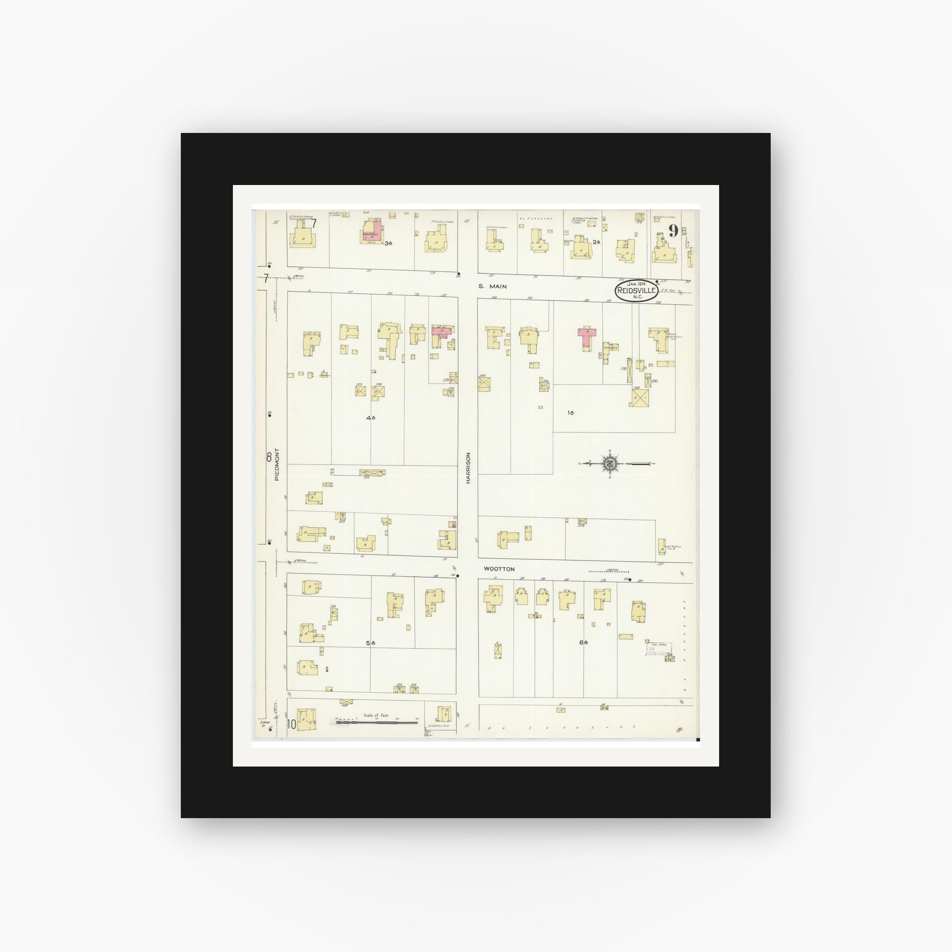 Old map wall art mockup — black gallery frame with white mat — Sanborn Fire Insurance Map from Reidsville, Rockingham County, North Carolina (1914), Sheet #0009