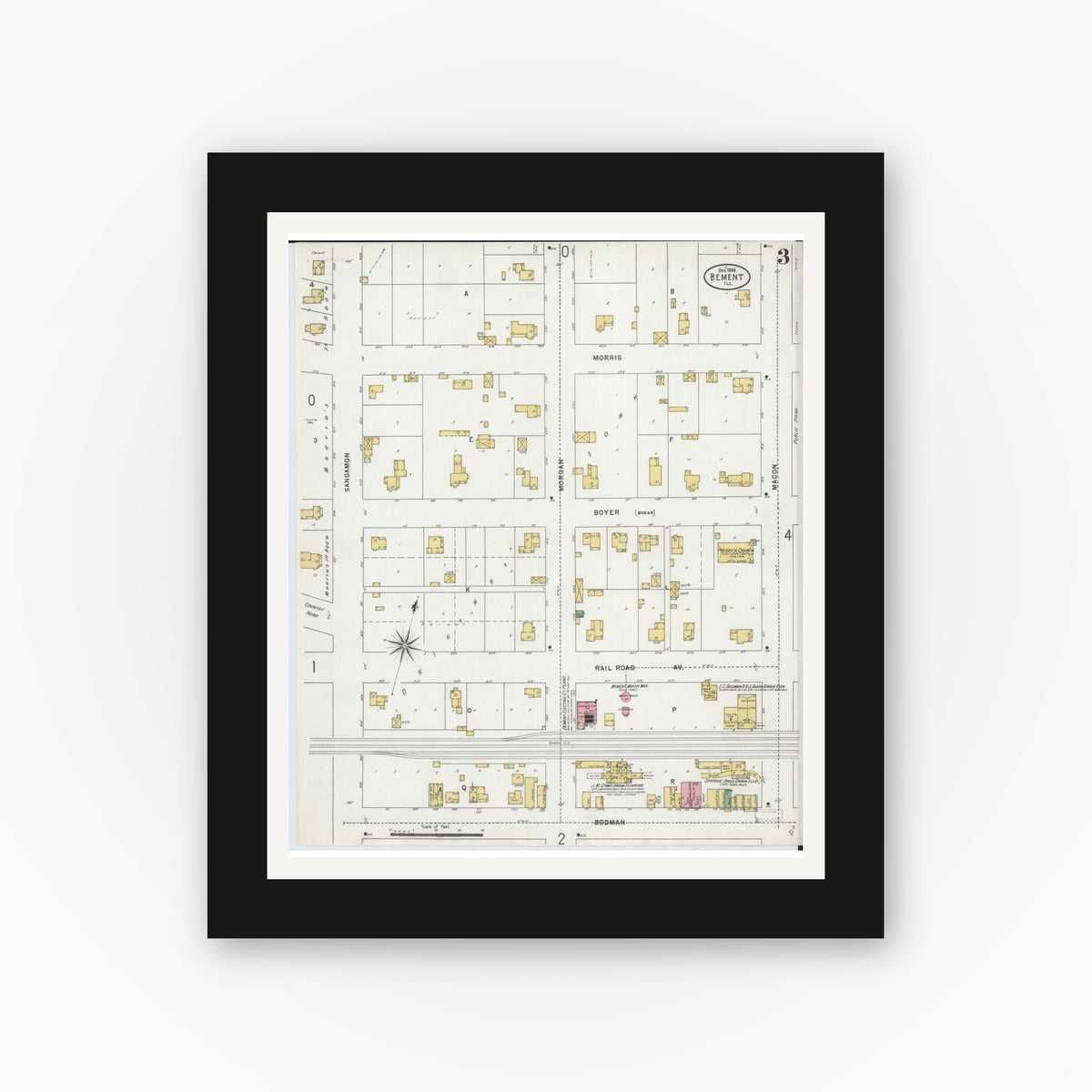 Old map wall art mockup — black gallery frame with white mat — Sanborn Fire Insurance Map from Bement, Piatt County, Illinois (1898), Sheet #0003