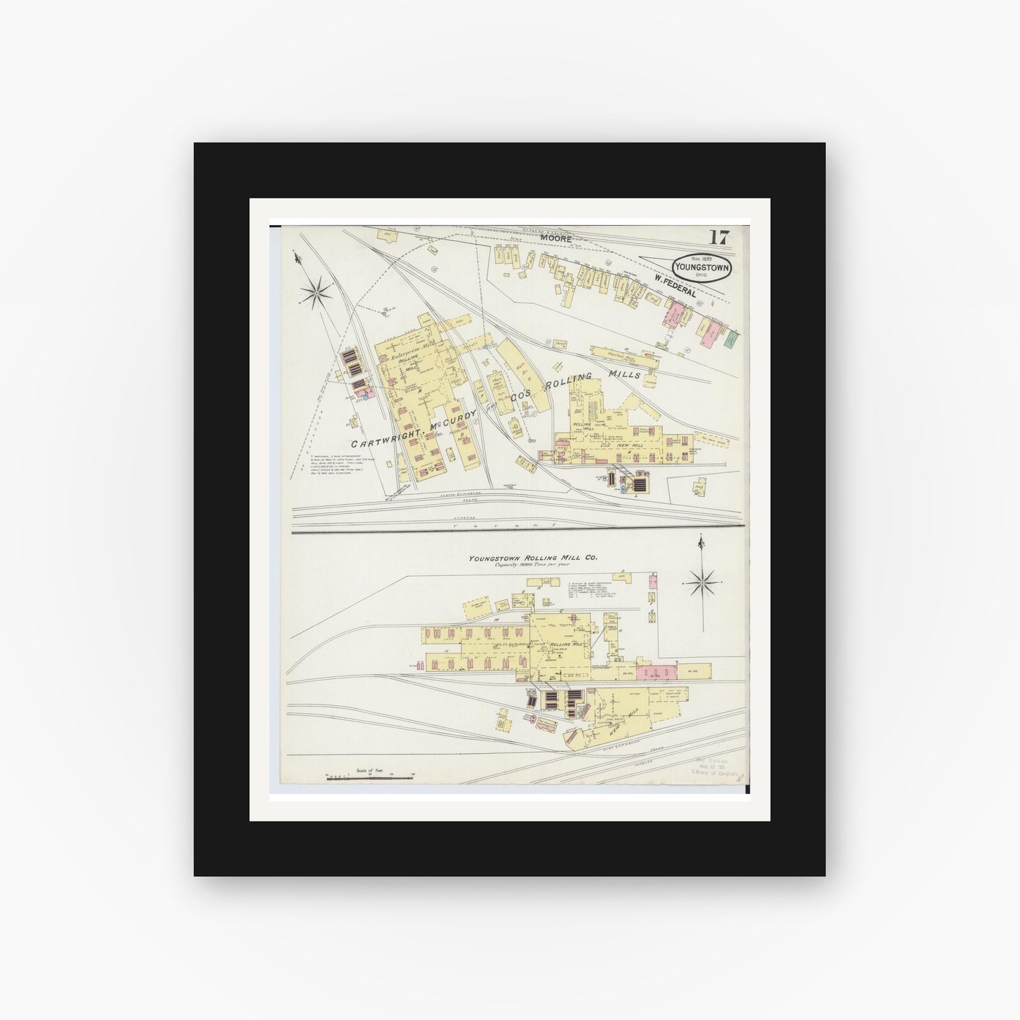 Old map wall art mockup — black gallery frame with white mat — Sanborn Fire Insurance Map from Youngstown, Mahoning County, Ohio (1889), Sheet #0017