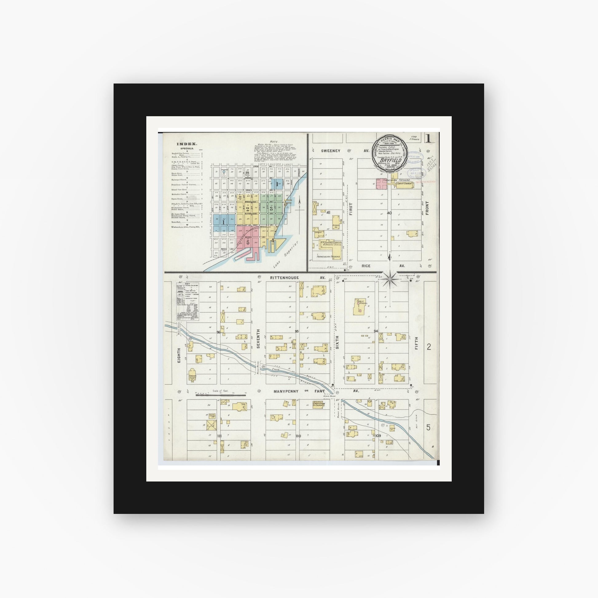 Old map wall art mockup — black gallery frame with white mat — Sanborn Fire Insurance Map from Bayfield, Bayfield County, Wisconsin (1898) - Complete Map Set
