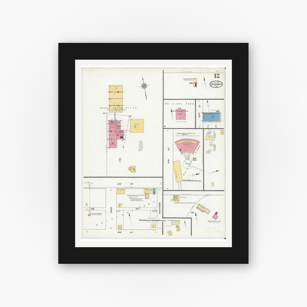 Old map wall art mockup — black gallery frame with white mat — Sanborn Fire Insurance Map from Quanah, Hardeman County, Texas (1921), Sheet #0012