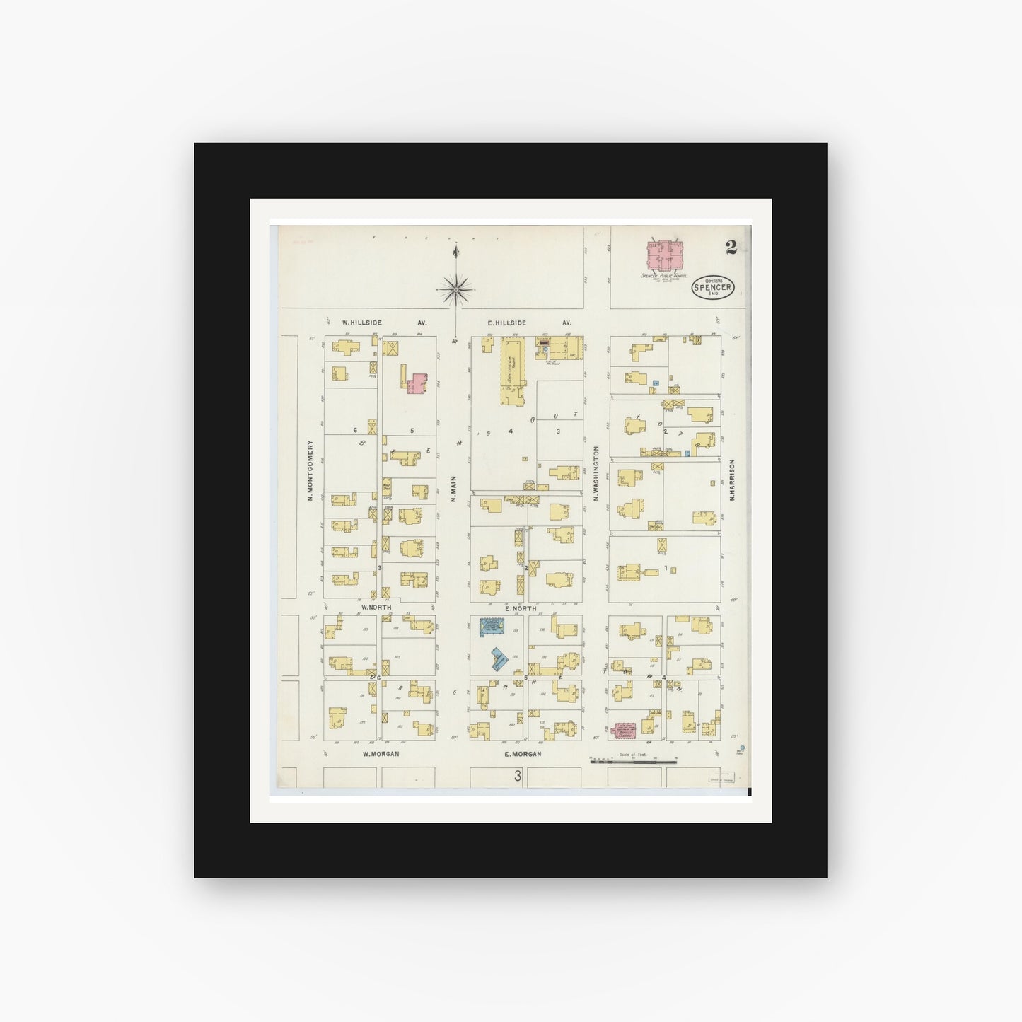 Old map wall art mockup — black gallery frame with white mat — Sanborn Fire Insurance Map from Spencer, Owen County, Indiana (1898), Sheet #0002