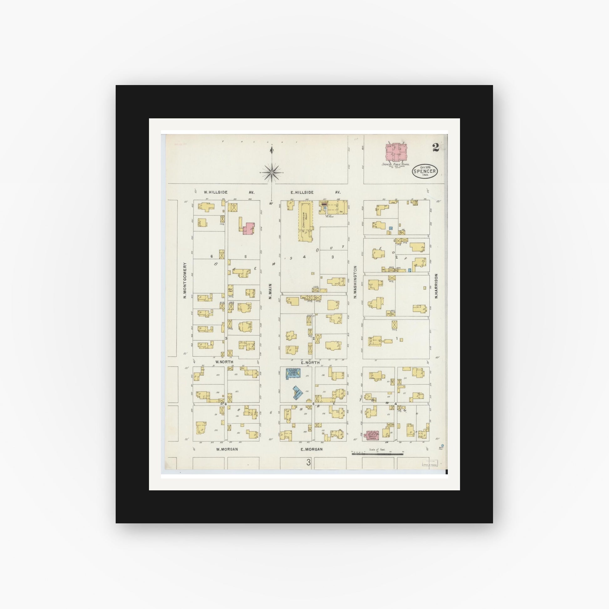 Old map wall art mockup — black gallery frame with white mat — Sanborn Fire Insurance Map from Spencer, Owen County, Indiana (1898), Sheet #0002