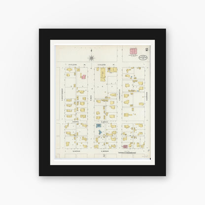 Old map wall art mockup — black gallery frame with white mat — Sanborn Fire Insurance Map from Spencer, Owen County, Indiana (1898), Sheet #0002