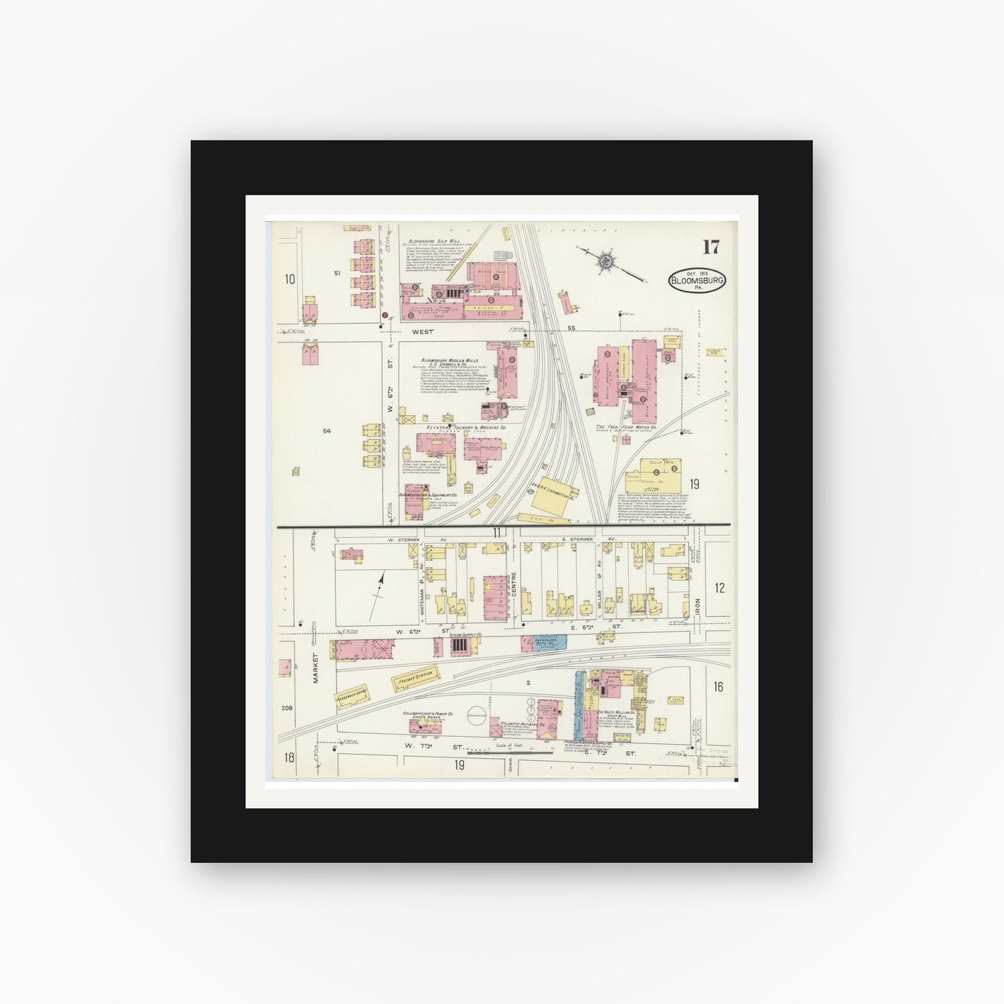 Old map wall art mockup — black gallery frame with white mat — Sanborn Fire Insurance Map from Bloomsburg, Columbia County, Pennsylvania (1913), Sheet #0017