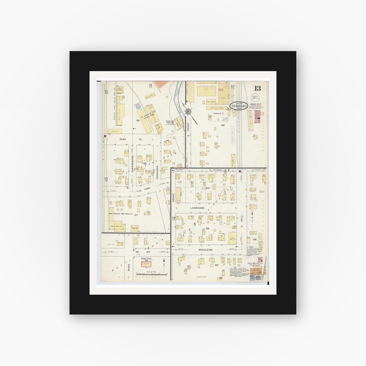 Old map wall art mockup — black gallery frame with white mat — Sanborn Fire Insurance Map from Dowagiac, Cass County, Michigan (1913), Sheet #0013