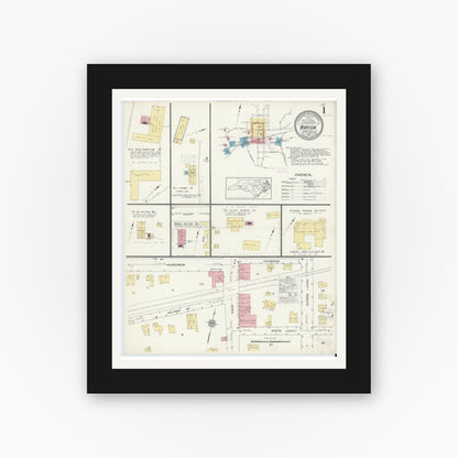 Old map wall art mockup — black gallery frame with white mat — Sanborn Fire Insurance Map from Marion, Mcdowell County, North Carolina (1913) - Complete Map Set