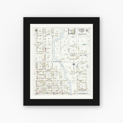 Old map wall art mockup — black gallery frame with white mat — Sanborn Fire Insurance Map from Laredo, Webb County, Texas (1925), Sheet #0021