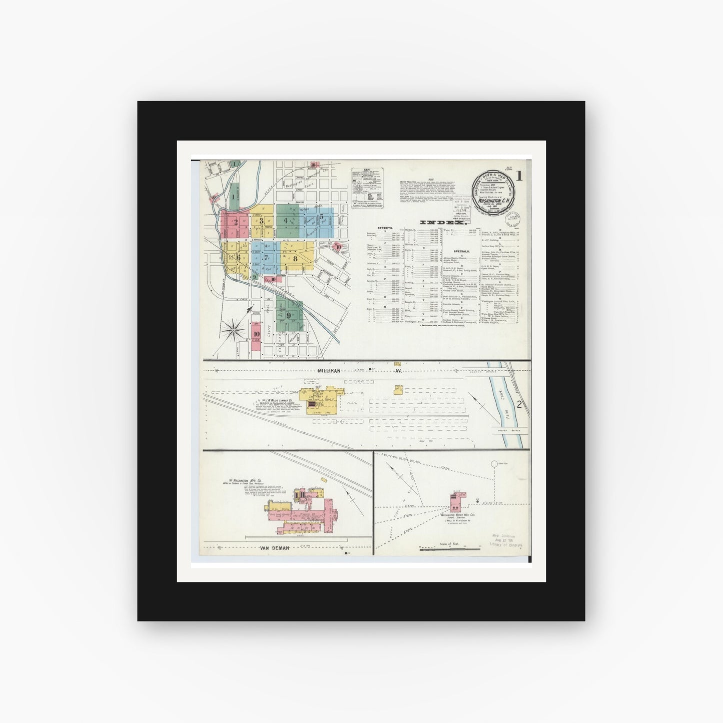 Old map wall art mockup — black gallery frame with white mat — Sanborn Fire Insurance Map from Washington Court House, Fayette County, Ohio (1900), Sheet #0001